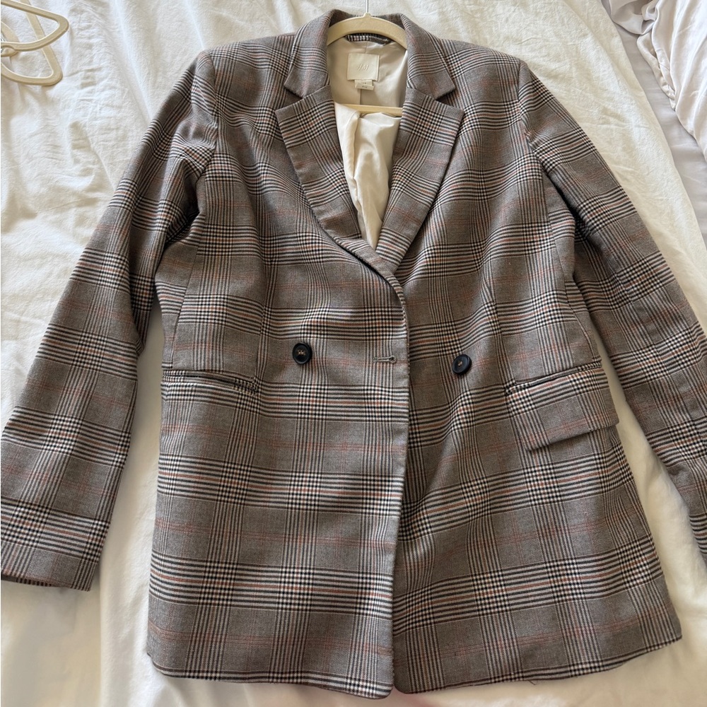 Checked Double-Breasted Blazer in Brown and Cream